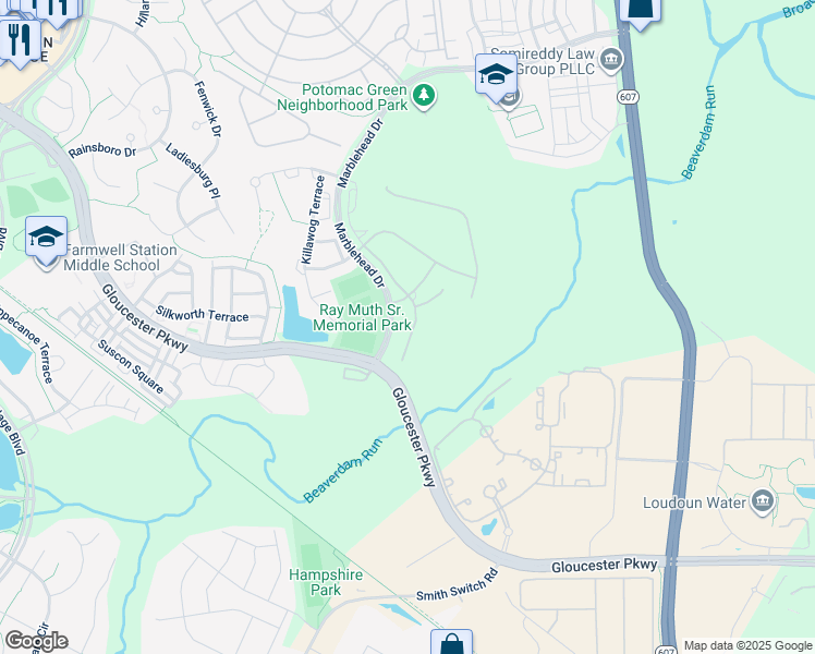map of restaurants, bars, coffee shops, grocery stores, and more near 21007 Rocky Knoll Square in Ashburn