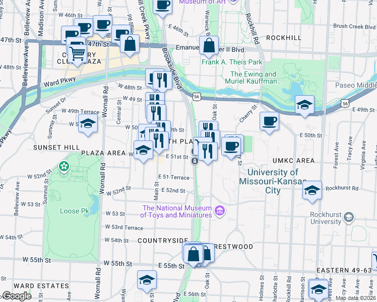 map of restaurants, bars, coffee shops, grocery stores, and more near 5041 Grand Avenue in Kansas City