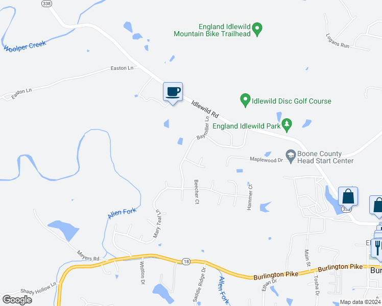 map of restaurants, bars, coffee shops, grocery stores, and more near 6278 Baymiller Lane in Burlington