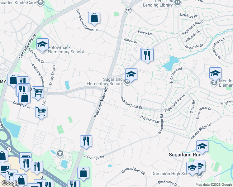 map of restaurants, bars, coffee shops, grocery stores, and more near 1300 Sanderson Drive in Sterling