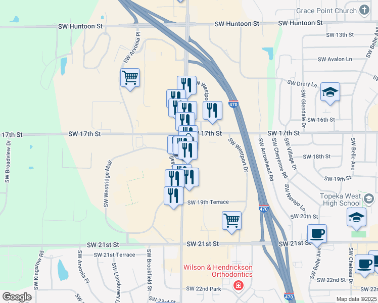 map of restaurants, bars, coffee shops, grocery stores, and more near 1720 Southwest Wanamaker Road in Topeka