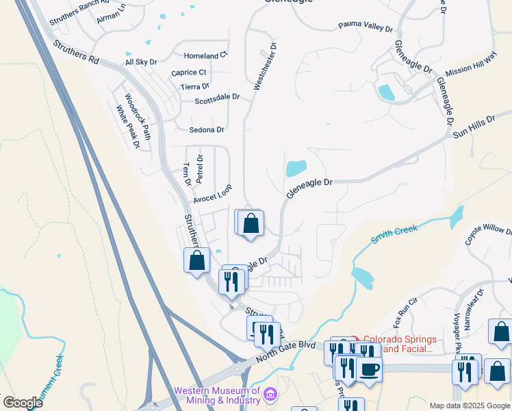 map of restaurants, bars, coffee shops, grocery stores, and more near 14035 Westchester Drive in Colorado Springs