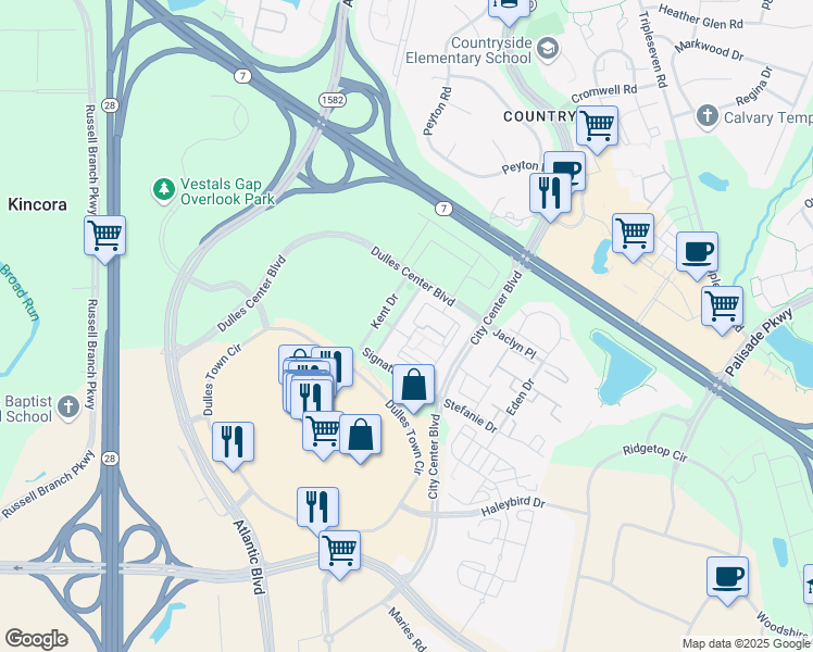 map of restaurants, bars, coffee shops, grocery stores, and more near 21083 Stanford Square in Sterling