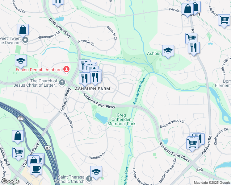 map of restaurants, bars, coffee shops, grocery stores, and more near 21012 Timber Ridge Terrace in Ashburn