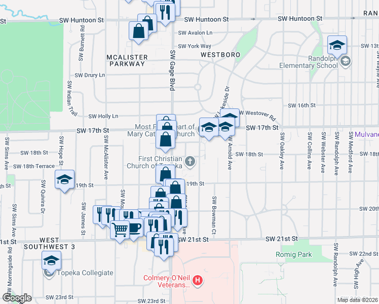 map of restaurants, bars, coffee shops, grocery stores, and more near 3720 SW 17th Terrace in Topeka