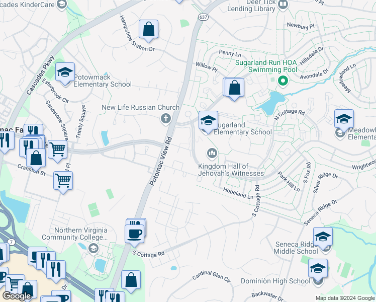 map of restaurants, bars, coffee shops, grocery stores, and more near 108 Hatenback Court in Sterling