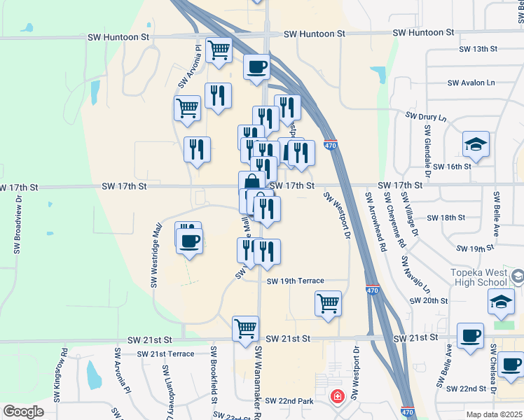 map of restaurants, bars, coffee shops, grocery stores, and more near 1740 Southwest Wanamaker Road in Topeka