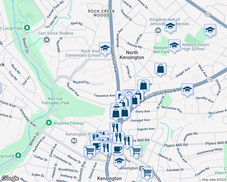 map of restaurants, bars, coffee shops, grocery stores, and more near 10920 Connecticut Avenue in Kensington