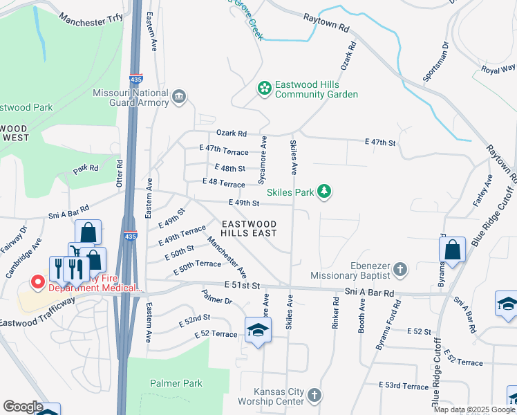 map of restaurants, bars, coffee shops, grocery stores, and more near 7809 East 49 Street in Kansas City