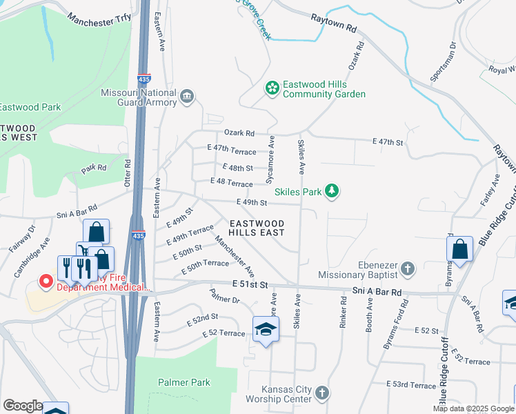 map of restaurants, bars, coffee shops, grocery stores, and more near 7805 East 49 Street in Kansas City