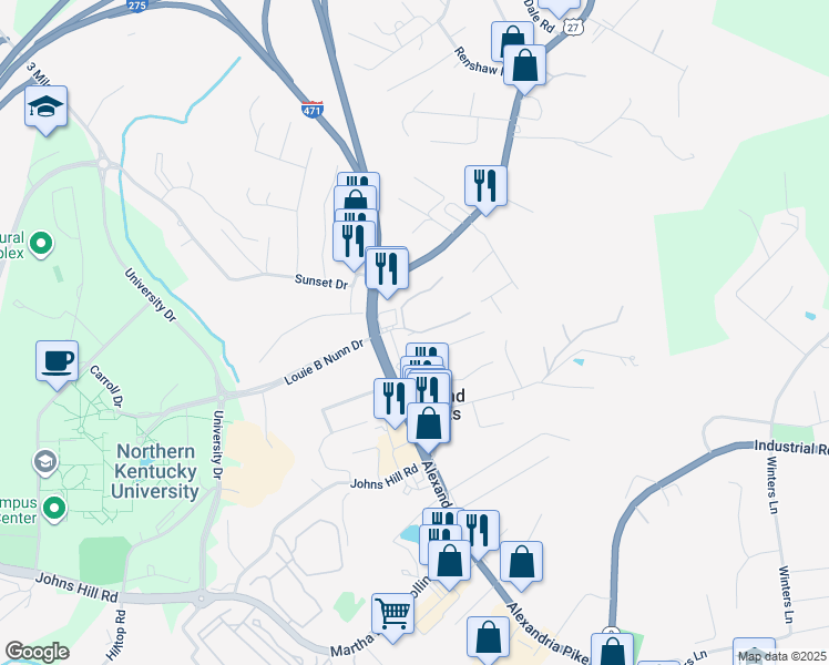 map of restaurants, bars, coffee shops, grocery stores, and more near 60 Hidden Valley Drive in Highland Heights