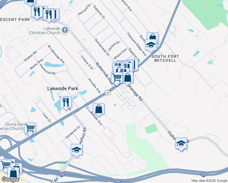 map of restaurants, bars, coffee shops, grocery stores, and more near 9 Buttermilk Pike in Lakeside Park