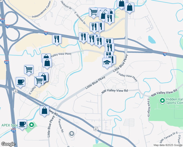 map of restaurants, bars, coffee shops, grocery stores, and more near 4500 Little Blue Parkway in Independence