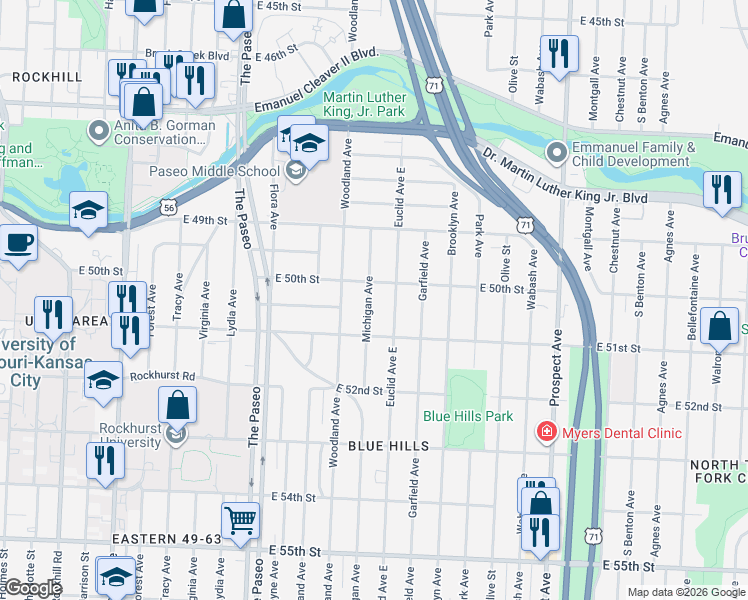 map of restaurants, bars, coffee shops, grocery stores, and more near 4946 Michigan Avenue in Kansas City