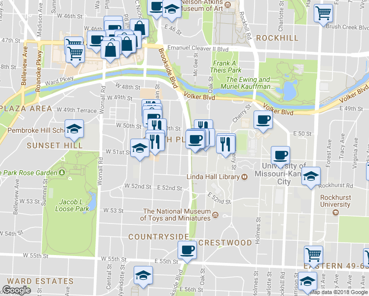 map of restaurants, bars, coffee shops, grocery stores, and more near 5050 Oak Street in Kansas City