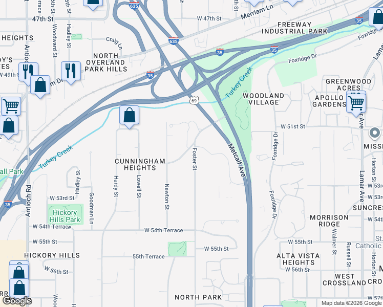 map of restaurants, bars, coffee shops, grocery stores, and more near 5117 Conser in Overland Park