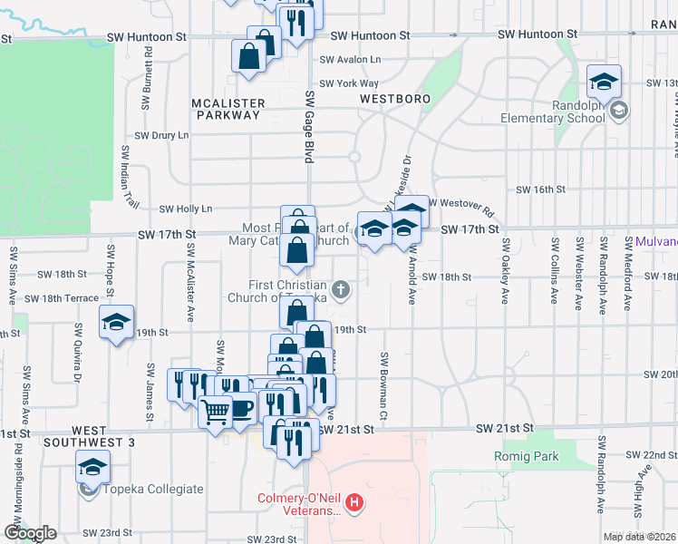 map of restaurants, bars, coffee shops, grocery stores, and more near 3720 SW 17th Terrace in Topeka