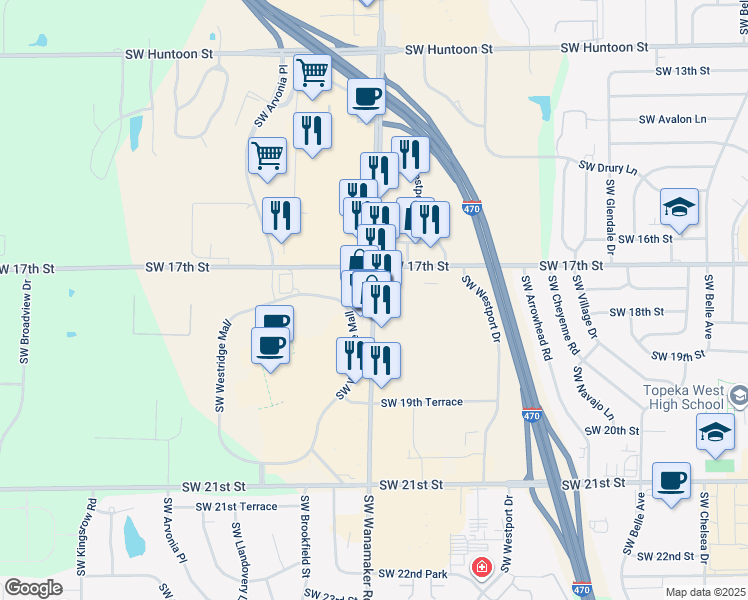 map of restaurants, bars, coffee shops, grocery stores, and more near 1720 Southwest Wanamaker Road in Topeka