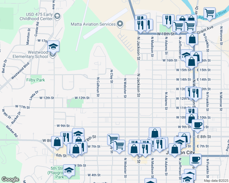 map of restaurants, bars, coffee shops, grocery stores, and more near 624 West 13th Street in Junction City