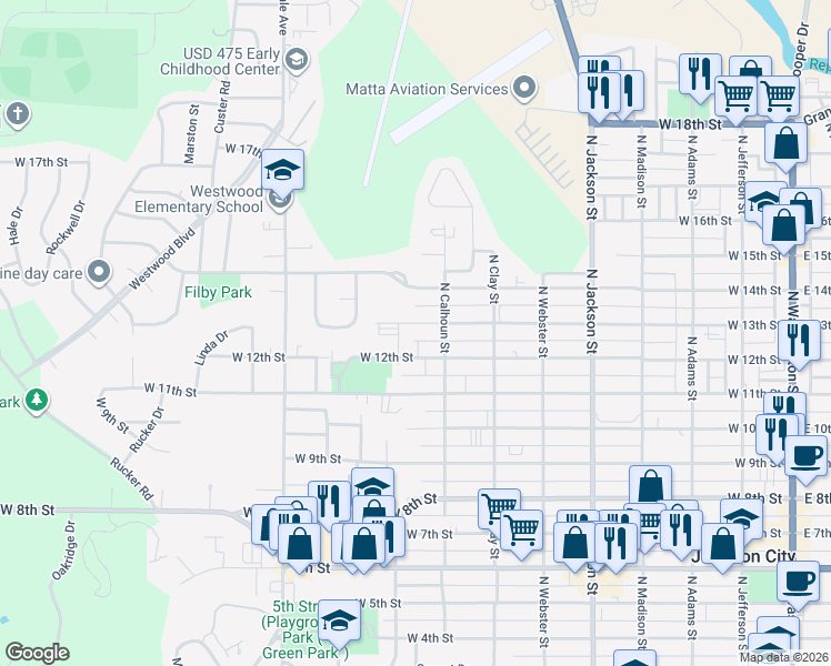 map of restaurants, bars, coffee shops, grocery stores, and more near 834 West 13th Street in Junction City