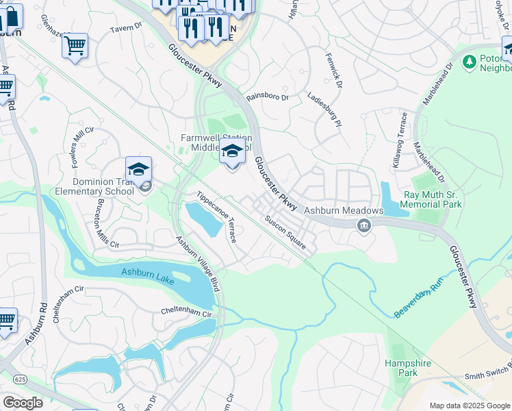 map of restaurants, bars, coffee shops, grocery stores, and more near 44188 Suscon Square in Ashburn