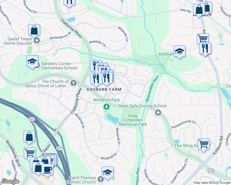 map of restaurants, bars, coffee shops, grocery stores, and more near 20991 Timber Ridge Terrace in Ashburn