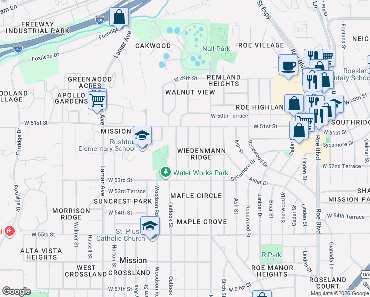 map of restaurants, bars, coffee shops, grocery stores, and more near 5116 Reeds Road in Mission