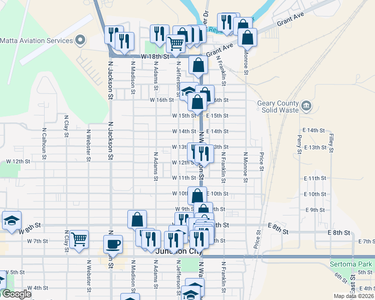 map of restaurants, bars, coffee shops, grocery stores, and more near 1309 North Jefferson Street in Junction City