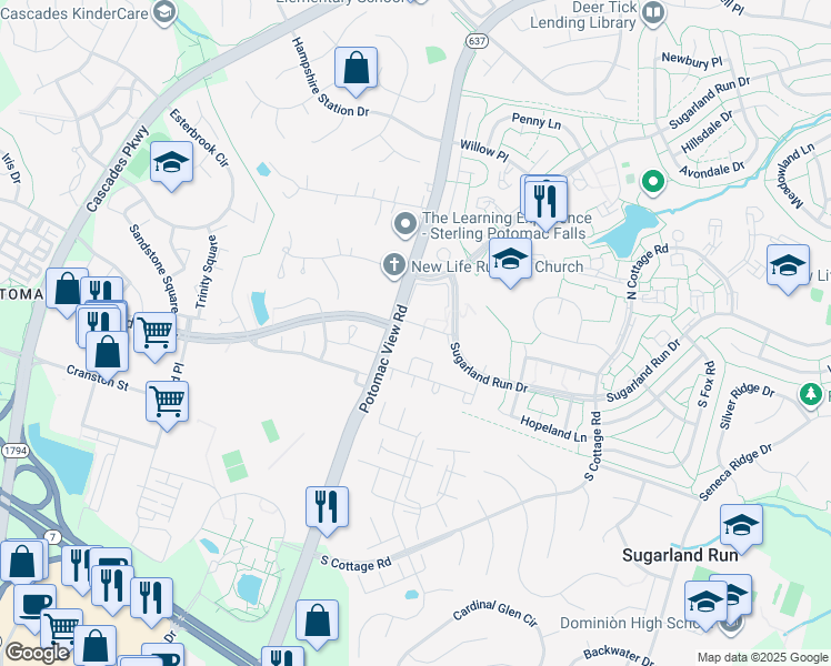 map of restaurants, bars, coffee shops, grocery stores, and more near 204 Sanderson Drive in Sterling