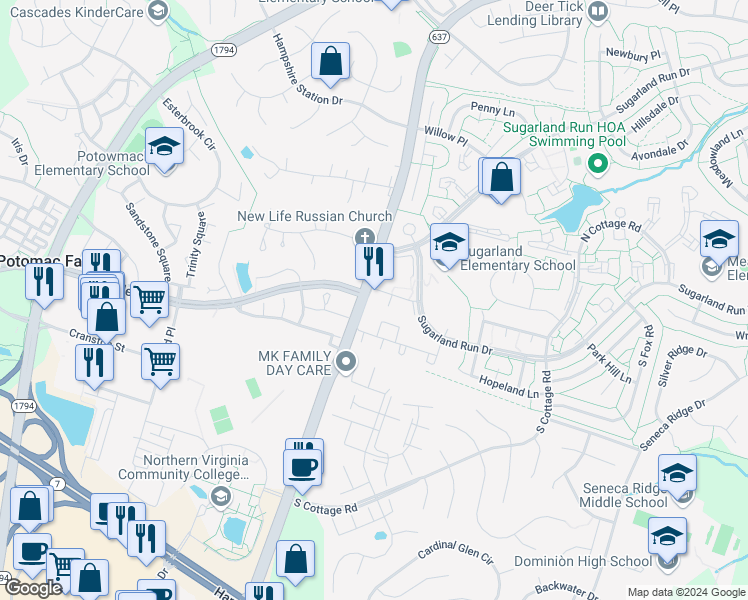 map of restaurants, bars, coffee shops, grocery stores, and more near 1204 Brethour Court in Sterling