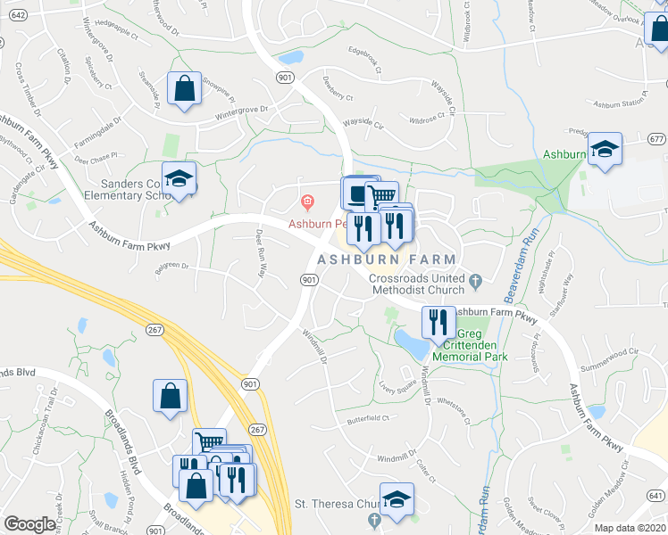 map of restaurants, bars, coffee shops, grocery stores, and more near 20972 Strawrick Terrace in Ashburn