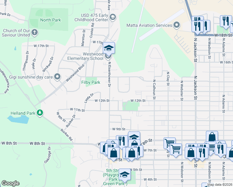 map of restaurants, bars, coffee shops, grocery stores, and more near 1360 Parkside Drive in Junction City