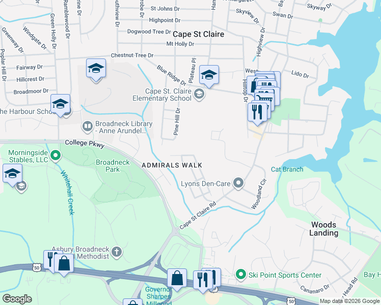 map of restaurants, bars, coffee shops, grocery stores, and more near 440 Peach Court in Annapolis
