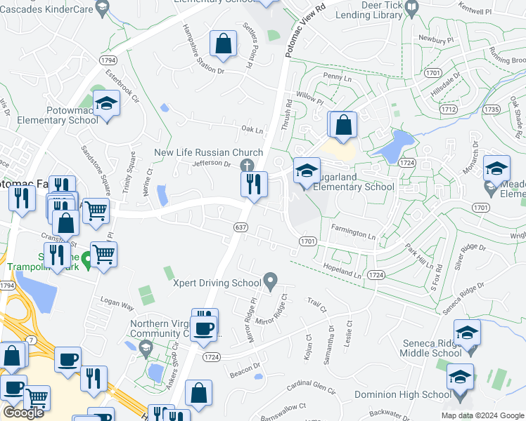 map of restaurants, bars, coffee shops, grocery stores, and more near 300 Sanderson Drive in Sterling