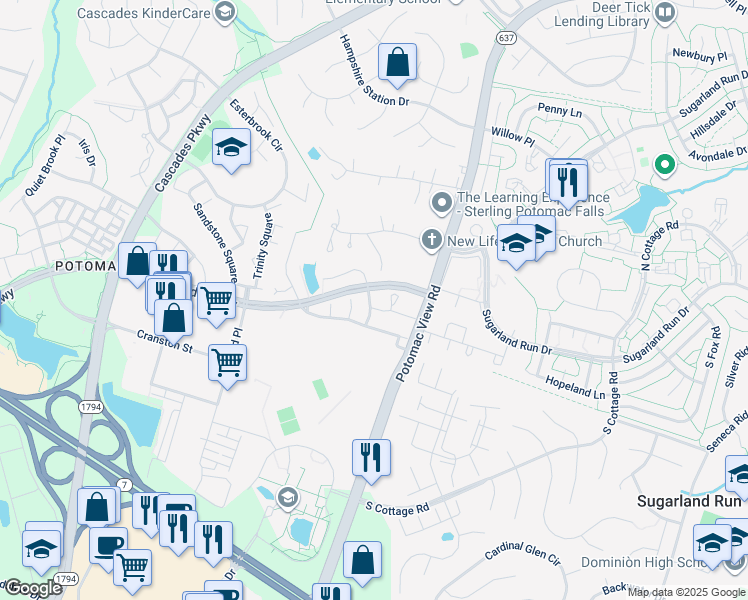 map of restaurants, bars, coffee shops, grocery stores, and more near 20924 Stanmoor Terrace in Sterling