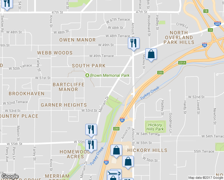 map of restaurants, bars, coffee shops, grocery stores, and more near Merriam Dr & W 52nd St in Merriam