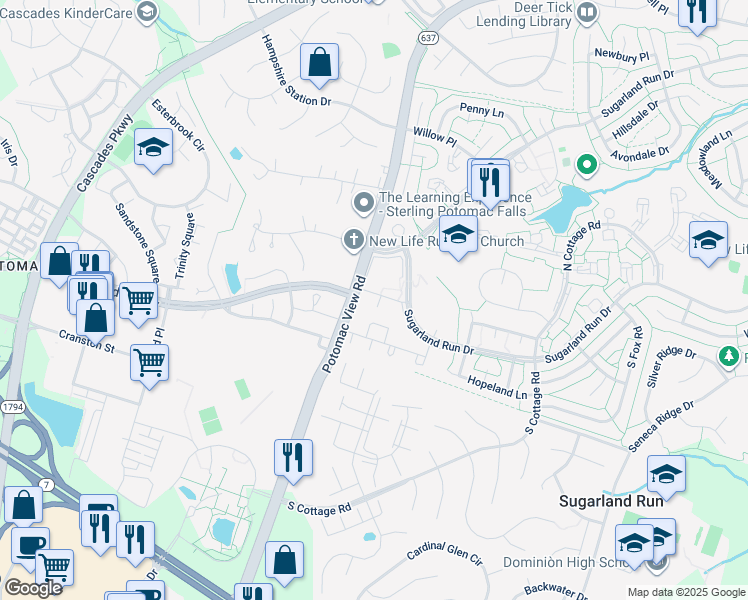 map of restaurants, bars, coffee shops, grocery stores, and more near 202 Sanderson Drive in Sterling