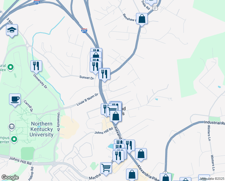 map of restaurants, bars, coffee shops, grocery stores, and more near 60 Hidden Valley Drive in Highland Heights