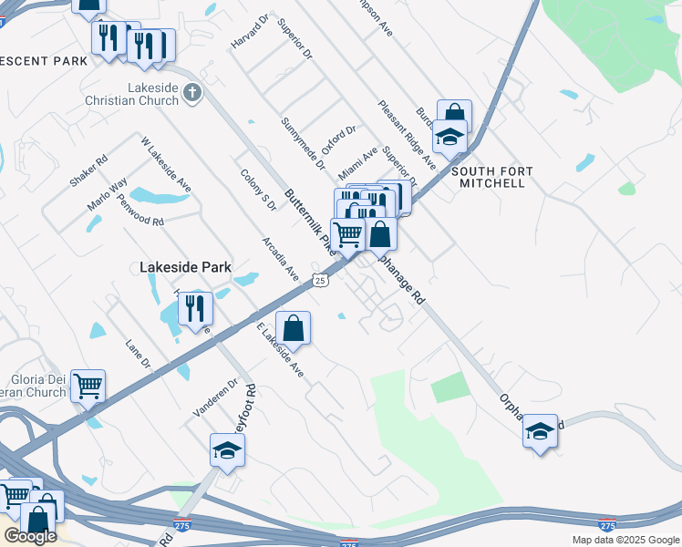map of restaurants, bars, coffee shops, grocery stores, and more near 9 Buttermilk Pike in Lakeside Park