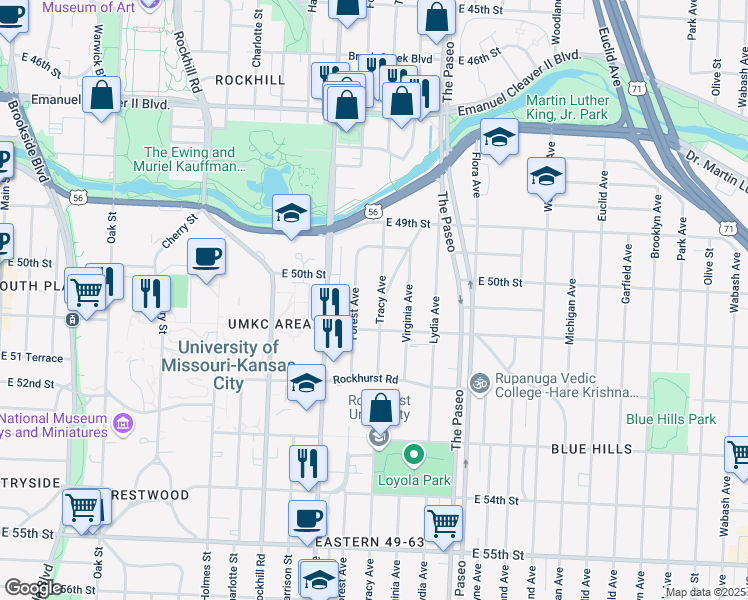 map of restaurants, bars, coffee shops, grocery stores, and more near 4957 Forest Avenue in Kansas City