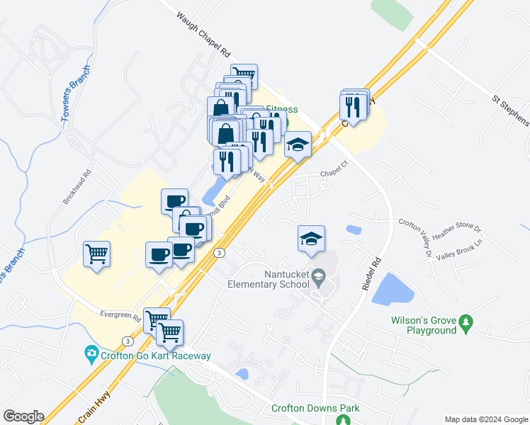 map of restaurants, bars, coffee shops, grocery stores, and more near 1150 Carbondale Way in Gambrills
