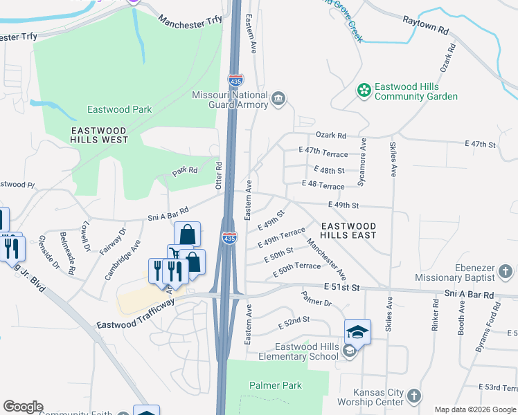 map of restaurants, bars, coffee shops, grocery stores, and more near 7406 South Park Road in Kansas City