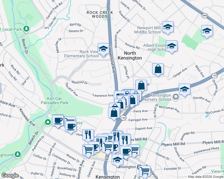 map of restaurants, bars, coffee shops, grocery stores, and more near 10920 Connecticut Avenue in Kensington