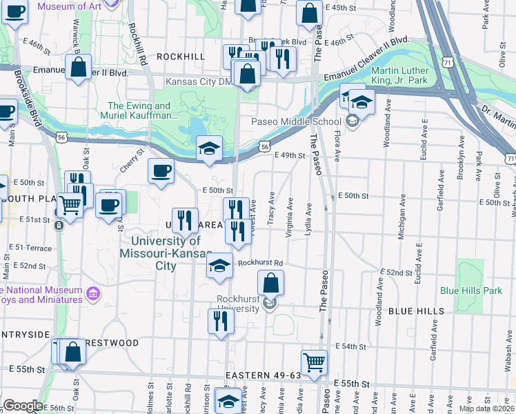 map of restaurants, bars, coffee shops, grocery stores, and more near 4957 Forest Avenue in Kansas City