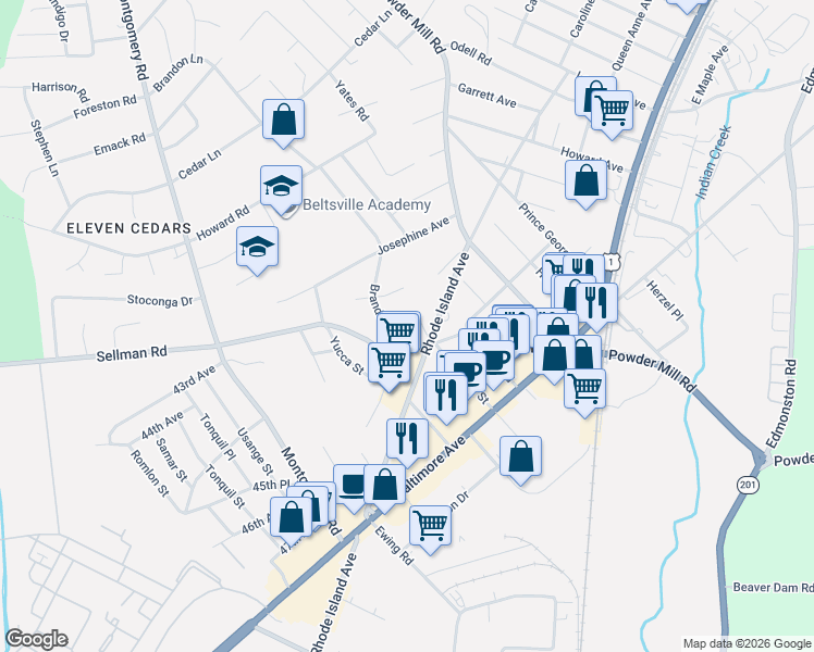 map of restaurants, bars, coffee shops, grocery stores, and more near 4514 Sellman Road in Beltsville