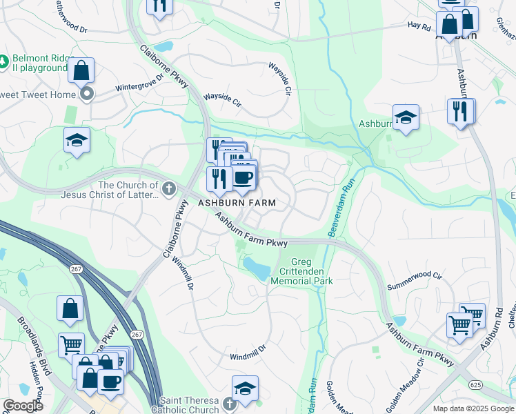 map of restaurants, bars, coffee shops, grocery stores, and more near 21019 Timber Ridge Terrace in Ashburn