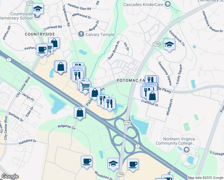 map of restaurants, bars, coffee shops, grocery stores, and more near 46161 Westlake Drive in Sterling