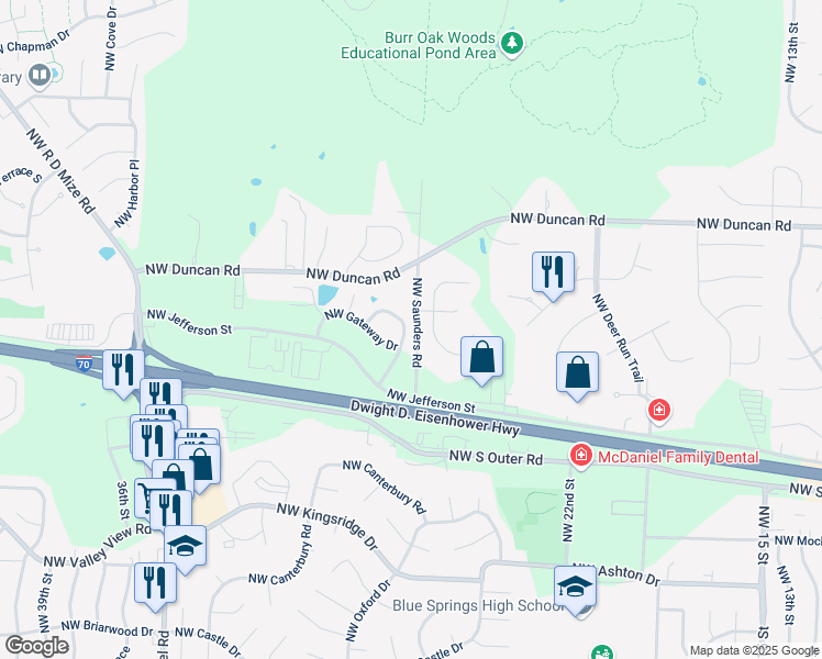 map of restaurants, bars, coffee shops, grocery stores, and more near 1618 Northwest Garrett Drive in Blue Springs