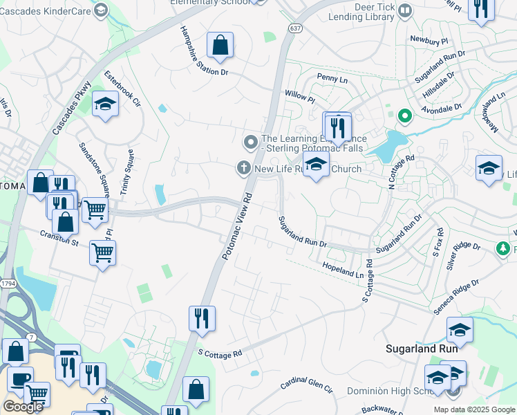 map of restaurants, bars, coffee shops, grocery stores, and more near 204 Sanderson Drive in Sterling
