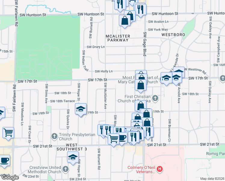 map of restaurants, bars, coffee shops, grocery stores, and more near 4334 Southwest 17th Terrace in Topeka